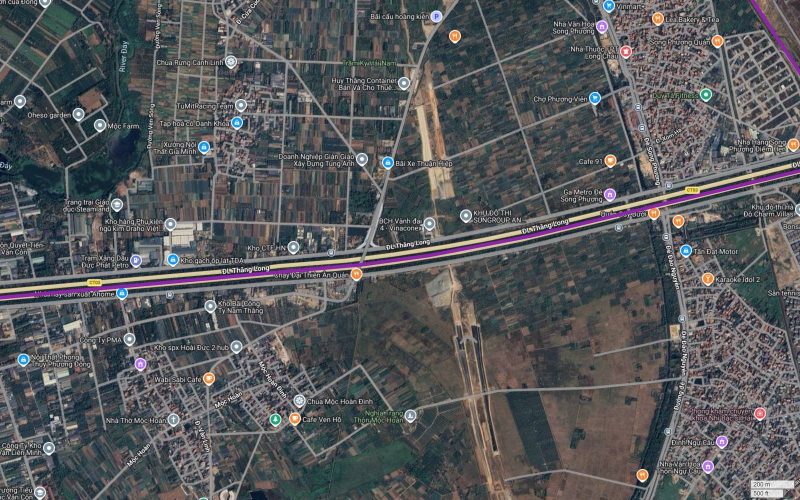 Nhãn Ga Metro Đê Song Phương xuất hiện trên nền bản đồ gần công trường Vành đai 4, nơi hành lang metro số 5 Hà Nội cắt qua tại Song Phương