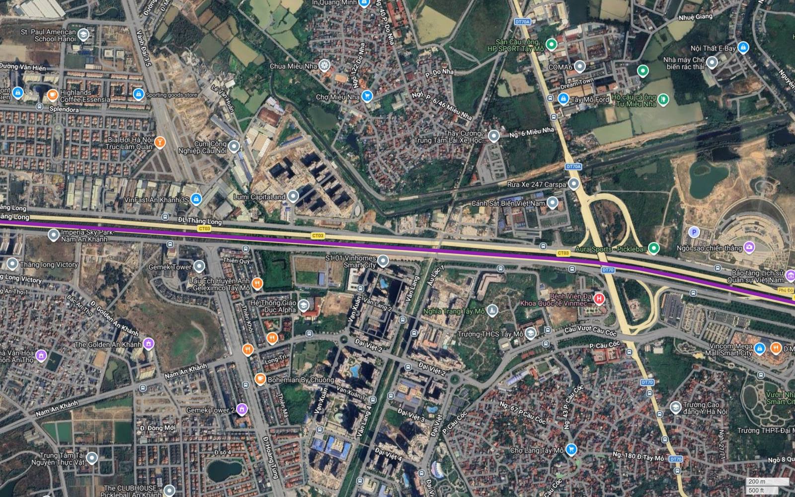 Hành lang metro số 5 Hà Nội qua cầu vượt Cầu Cốc cắt trục ĐT70 tại Tây Mỗ, cạnh Vincom Mega Mall Smart City và Vinmec