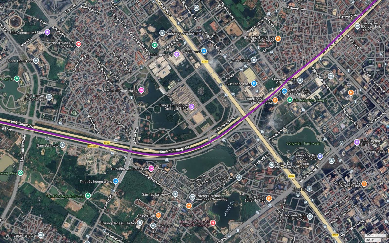 Hành lang metro số 5 Hà Nội rời Đại lộ Thăng Long tại nút Trung Hòa, cắt Vành đai 3 gồm Khuất Duy Tiến và Phạm Hùng