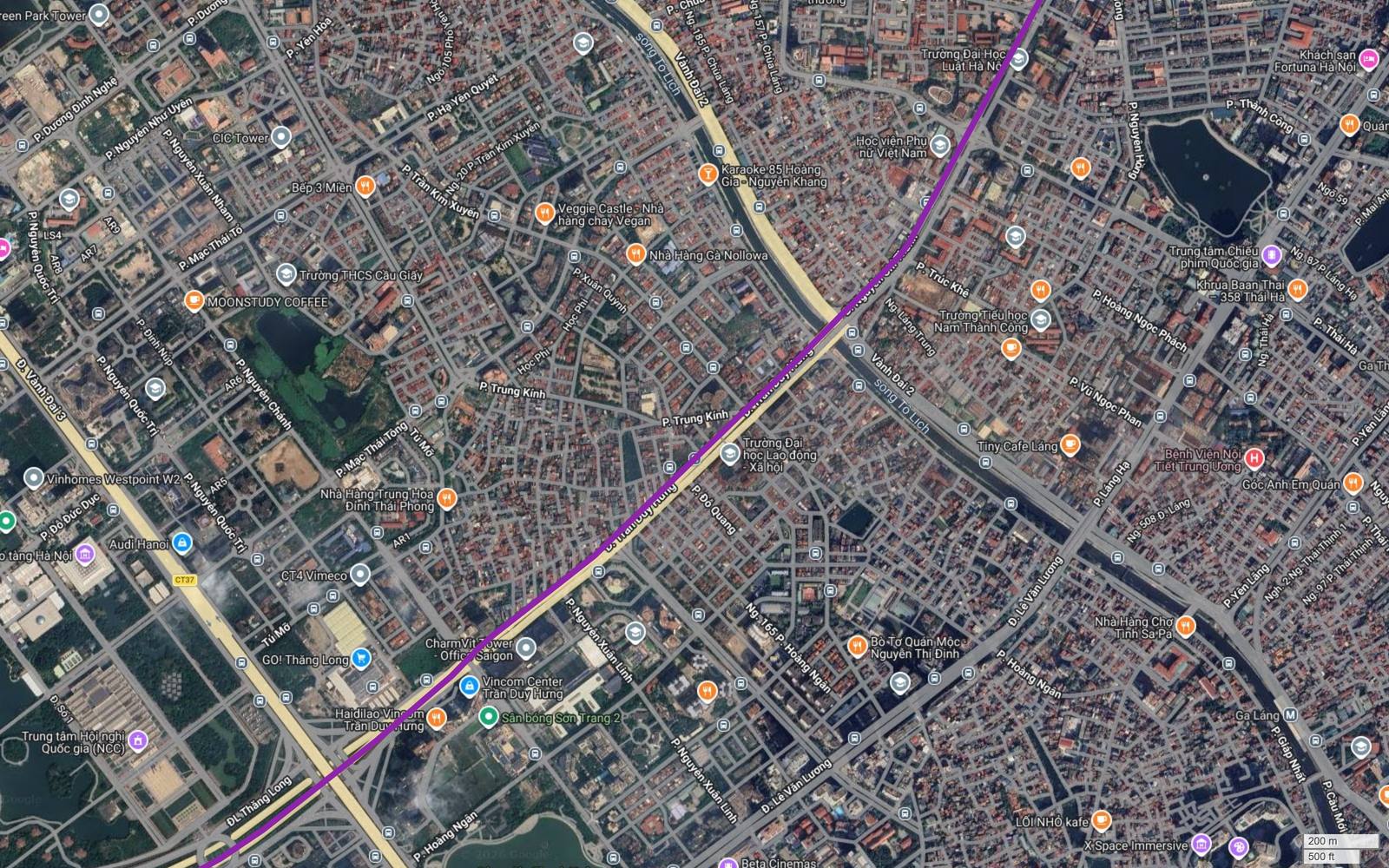 Hành lang metro số 5 Hà Nội dọc Trần Duy Hưng cắt sông Tô Lịch và Vành đai 2, với nhãn Ga Láng của tuyến 2A Cát Linh Hà Đông ở góc đông nam khung