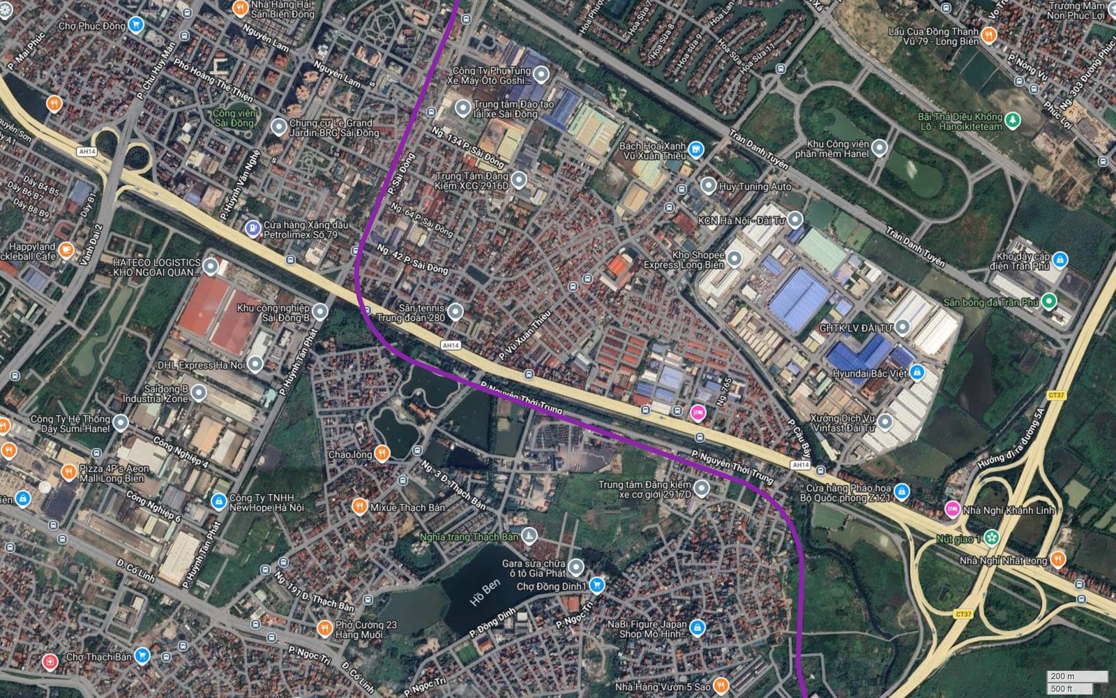 Hành lang metro số 5 Hà Nội cắt trục Nguyễn Văn Linh mang ký hiệu AH14 tại Thạch Bàn, gần Khu công nghiệp Sài Đồng B