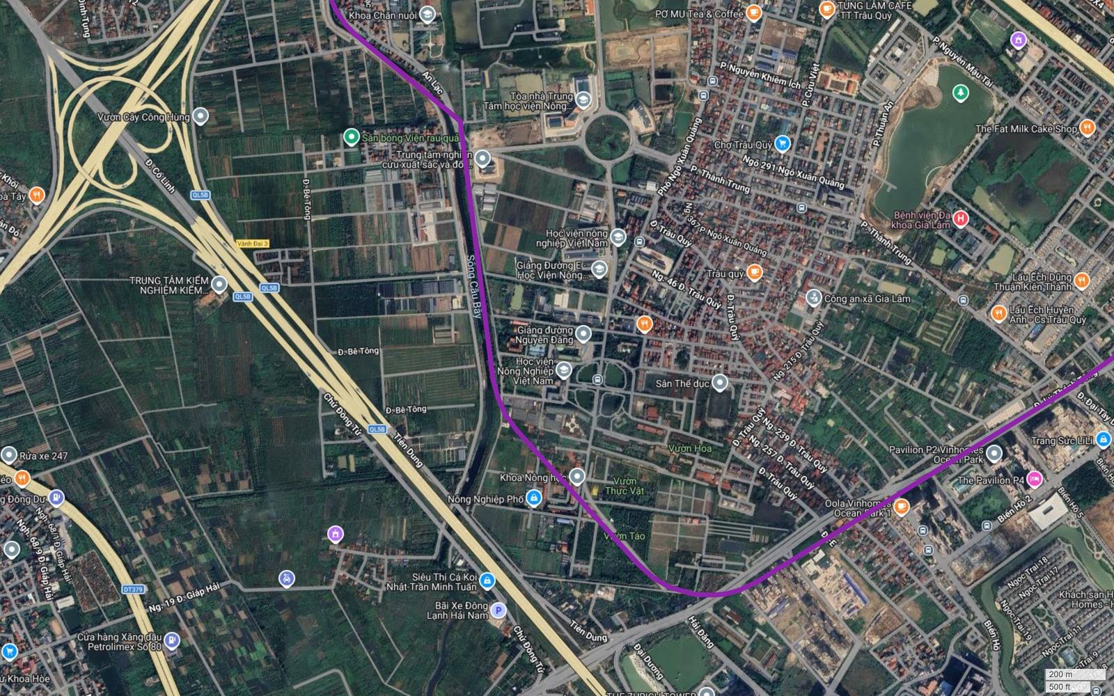 Hành lang metro số 5 Hà Nội đi dọc sông Cầu Bây, song song và cách hành lang QL5B Vành đai 3 phía đông vài trăm mét tại Trâu Quỳ